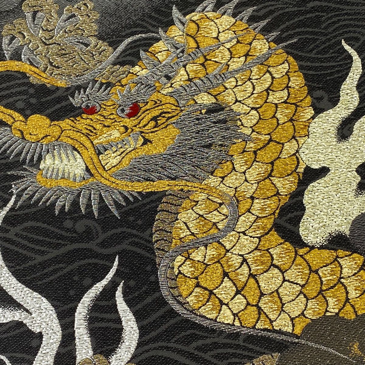 袋帯 美品 逸品 龍 波頭 金銀糸 箔 黒灰 お太鼓柄 正絹 【中古