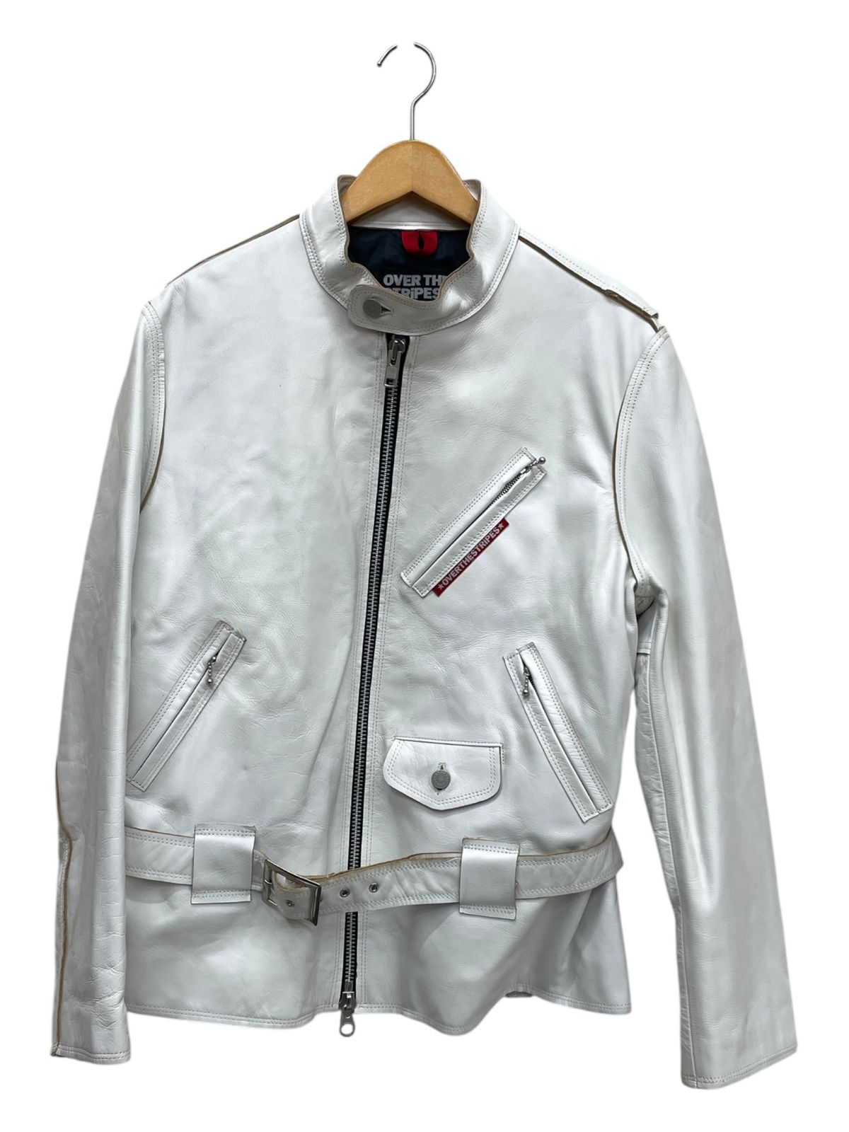 OVER THE STRIPES! オーバーザストライプス シングルライダースレザージャケット 裏地キルティング L ホワイト メンズ|045