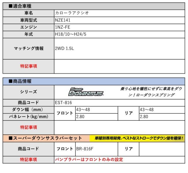■送料無料 ZOOM ダウンサス トヨタ カローラアクシオ NZE141 1NZ-FE 2006/10～2012/5 2WD 1.5L ダウンフォース/スプリング Espelir エスペリア Super Downsus+スーパーダウンサスラバー(フロント
