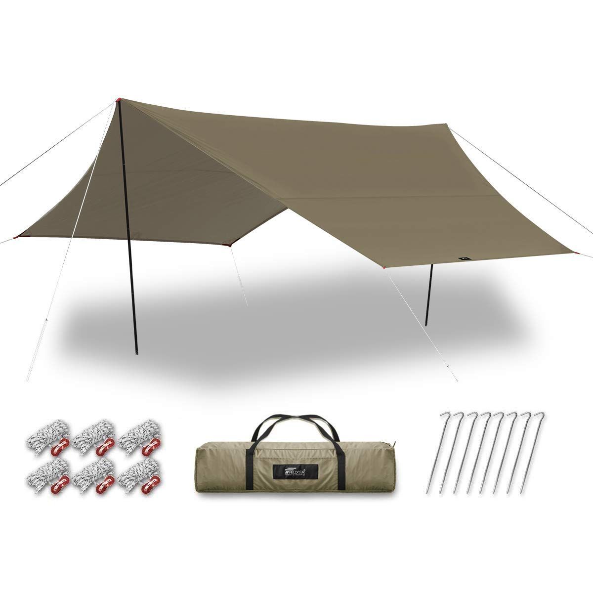 FIELDOOR ヘキサ タープ T|C ポリコットン 収納 キャリーバッグ＋ロープ＋ペグ＋アルミ自在金具付 6～8人用