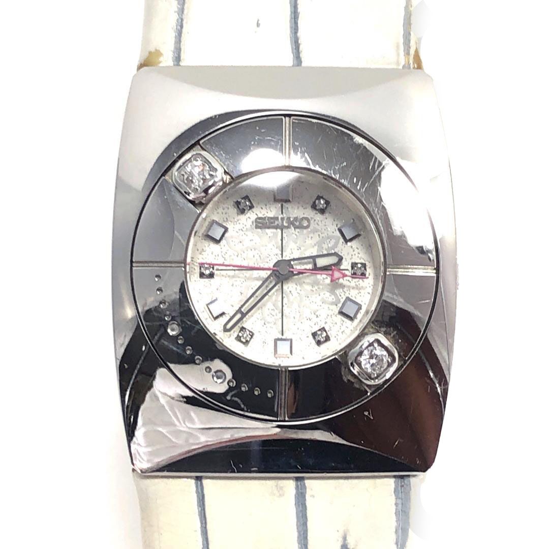 SEIKO セイコー エム M 4J45-0AA0 2ポイントダイヤ クォーツ ステンレス クロコダイル ホワイト シルバー