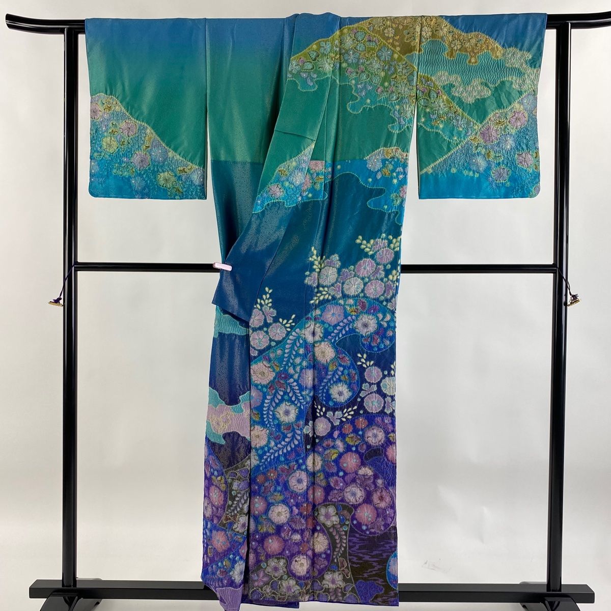 訪問着 身丈153cm 裄丈62cm S 袷 落款 辻が花 波頭 金通し 青緑