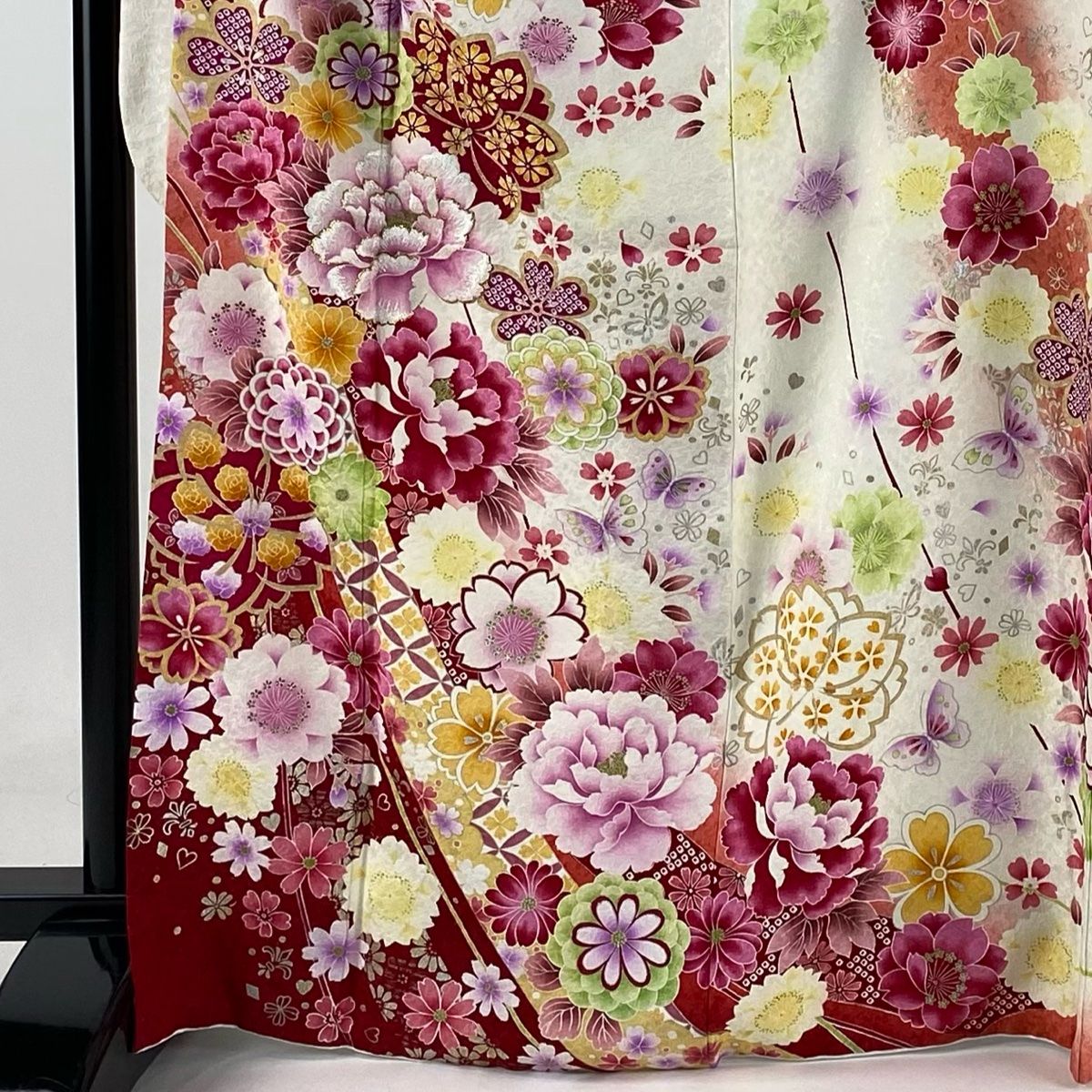 振袖 身丈169cm 裄丈68.5cm L 袷 牡丹 桜 刺繍 銀通し クリーム 正絹