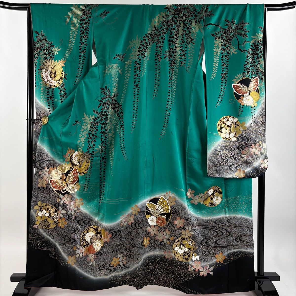 ペンギン　美品正絹振袖　165〜175cm 振袖 身丈170cm 裄丈66cm M 袷 枝梅 金彩 金糸 クリーム 正絹 秀