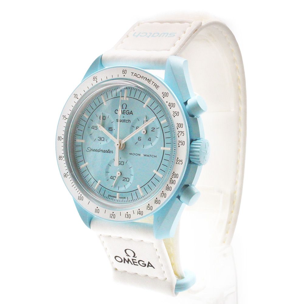 オメガ スウォッチ Swatch ミッション トゥ ウラヌス スピードマスター ムーンスウォッチ クオーツ 腕時計 ナイロン バイオセラミック パステルブルー ホワイト SO33L100 OMEGA