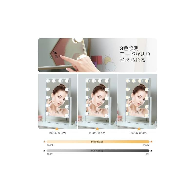 化粧鏡 女優ミラー メイク 卓上鏡 ライト付き 卓上ミラー LEDミラー ハリウッドミラー ハリウットLED電球付き 明るさ調節 無段階調光 記憶機能付き 360度回転 給電式 33 x 47 cm 長方形 0