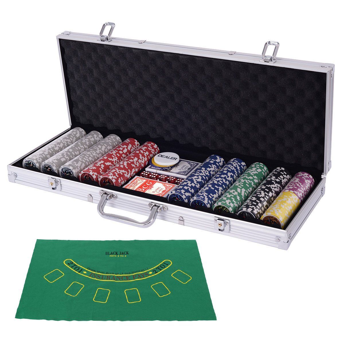 【人気商品】Costway ポーカーセット ポーカーチップ チップ 500枚 数字入り カジノチップ カジノゲーム トランプ付き マット付き シルバーケース
