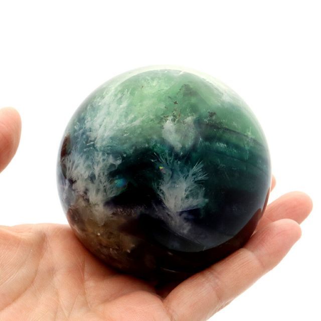 エンジェルフェザー フローライト 丸玉 人気 直径 約71mm 木製台座付き