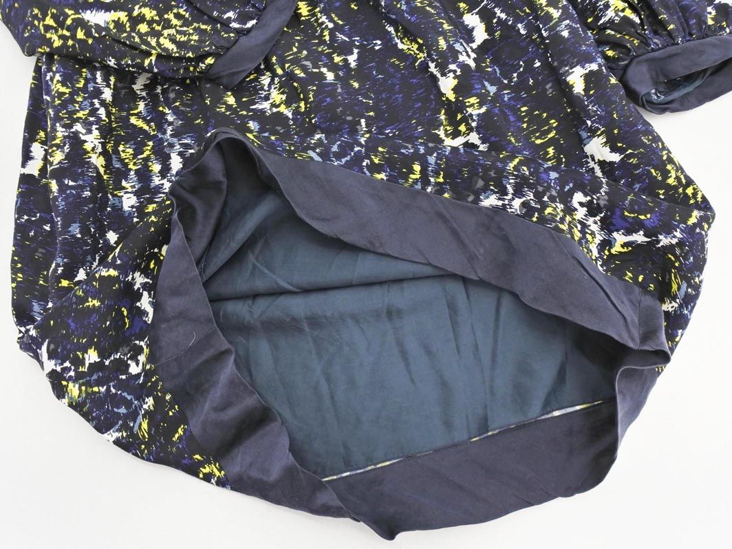 Drawer ドゥロワー シルク100% 総柄 ワンピース size36/濃紺