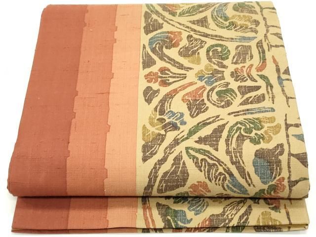 平和屋着物○全通柄袋帯 紬地 型染め 更紗花丸間道 やまと誂製 正絹