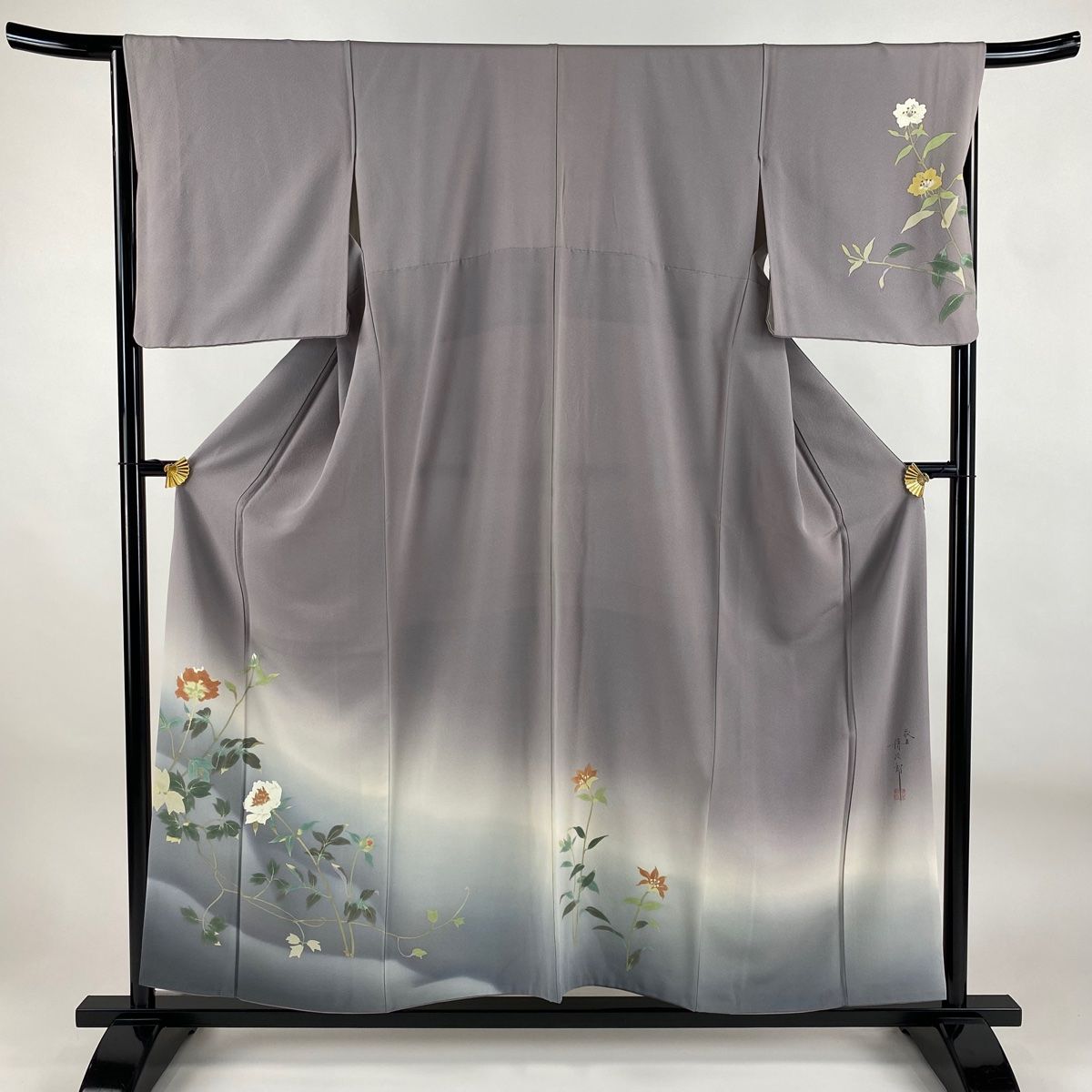 訪問着 身丈155.5cm 裄丈66.5cm M 袷 二代目清次郎 落款 枝花 染め分け ぼかし 灰紫 正絹 秀品