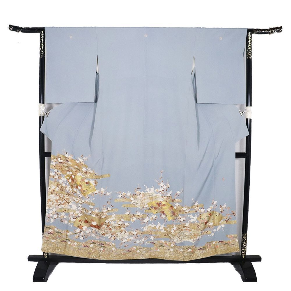 色留袖 袷 正絹 青グレー 金箔 地紙文 橘 牡丹 松竹梅 桜 M