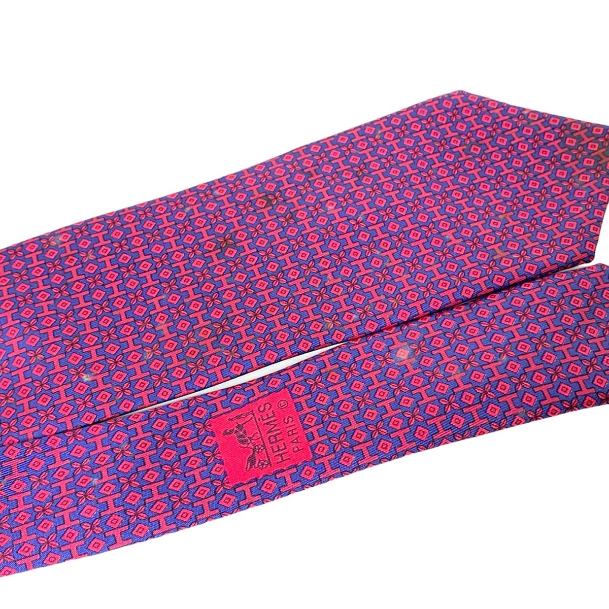 【美品】HERMES エルメス　ネクタイ(ピンク/ネイビー) HERMES(エルメス) ネクタイ メンズ - ダークネイビー×ボルドー