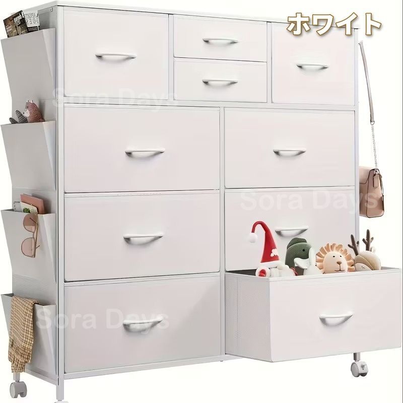 チェスト キャビネット モノトーン ワイドチェスト キャスター付き シンプル おしゃれ インテリア 北欧 衣類収納 大容量 省スペース 引き出し 4段10杯 サイドポケット付き ホワイト ブラック 100.6×29.8×102.3cm