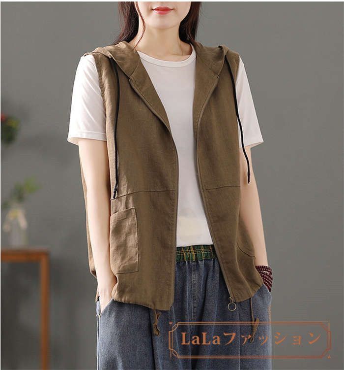 ジレ レディース ベスト トップス ノースリーブ アウター ジレンチ コート レイヤード 前開き 無地 羽織り 綿麻風 羽織 ライトアウター ショート丈 フード付き パーカー風 abama 05