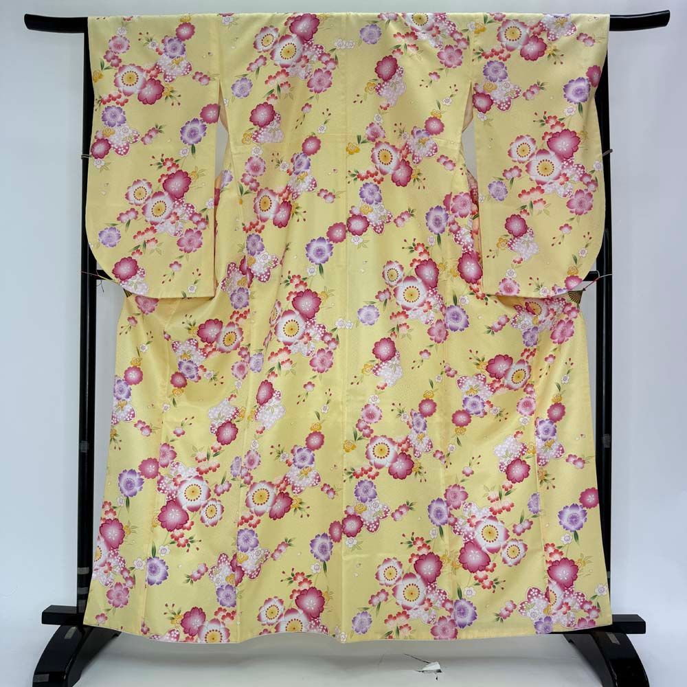 二尺袖 単品 卒業式着物 黄色 裄67cm Lサイズ 袴用着物 化繊 中古 4670