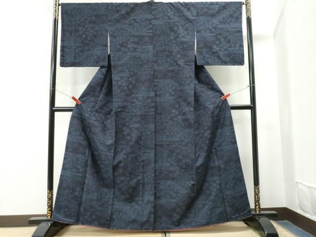 平和屋着物○本場結城玉紬 80亀甲 霞遠山渡り橋花文 やまと誂製 証紙