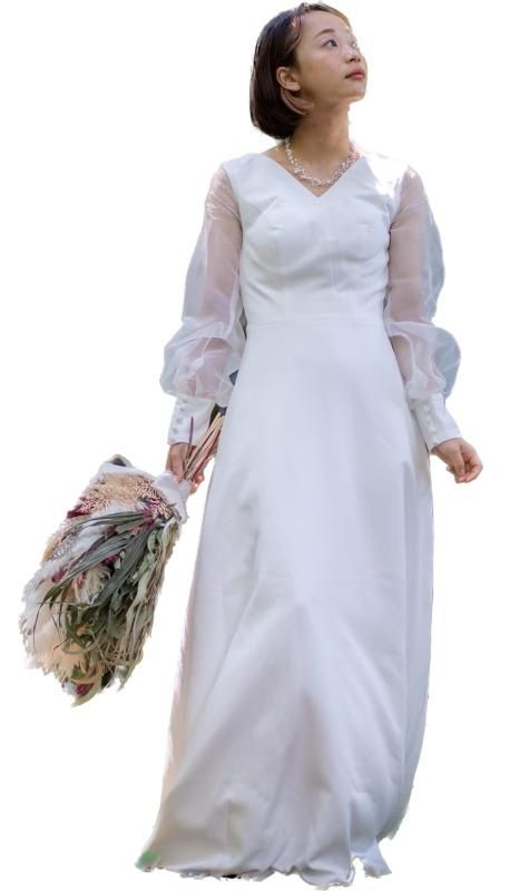 EightSTAR Dress 前撮り ウエディングドレス 白 ウエディング 花嫁 主役 ウェディング ドレス ロング丈 長袖 袖あり シースルー Vネック シンプル ナチュラル L ホワイト
