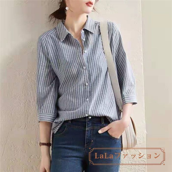 七分袖 ブラウス レディース とろみシャツ とろみブラウス シャツ ナチュラル 着痩せ カジュアル 大人 可愛い ストライプ オフィス ビジネス OL きれいめ 春 夏 秋mikixz25