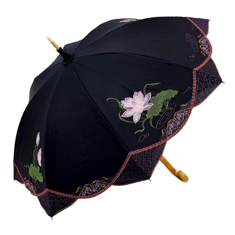 シノワズリーモダン 日傘 女優日傘 蓮花 オーガンジー刺繍 長日傘 完全遮光 遮熱 逃熱 UVカット かわず張り 涼しい 晴雨兼用傘 ブラック 1