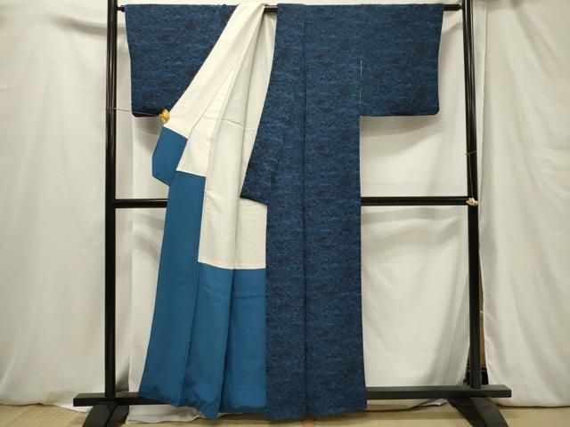 平和屋着物□本藍 型絵染 小紋 風景花文 鬼しぼ縮緬 正絹 逸品