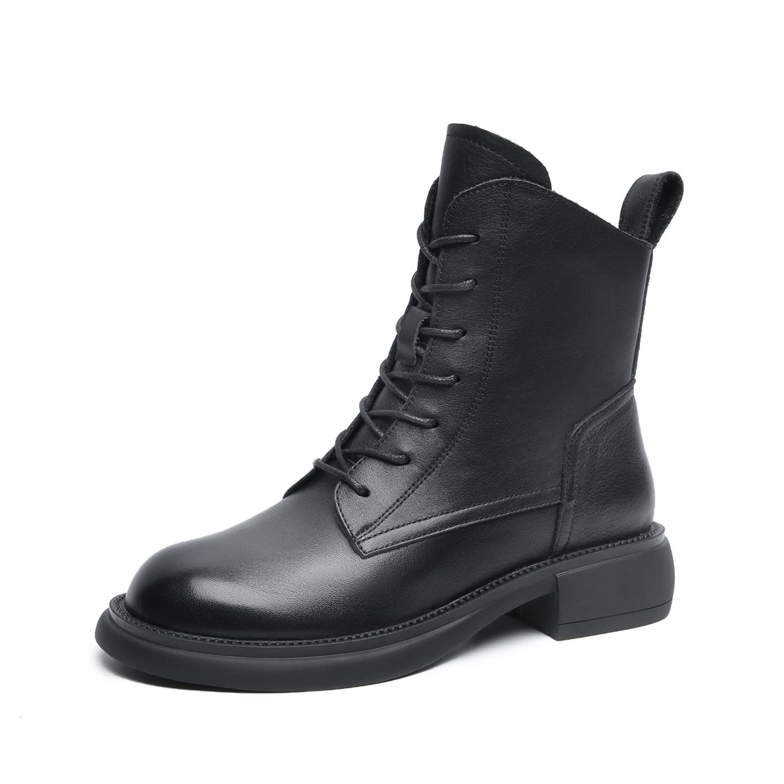 24.5 cm_ブラック ZUYEE レディース レースアップブーツ 本革 ローヒール サイドジップ 編み上げブーツ ショートブーツ 柔らかい カジュアル 歩きやすい ブラック 24.5cm