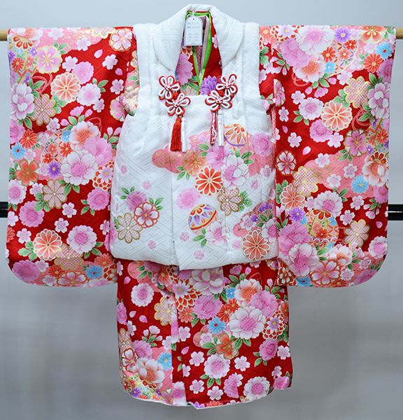 正絹※お宮参り、七五三用 ピンク花柄着物 赤とピンクの花柄