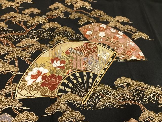 豪華黒留袖 金彩 伝統工芸金麗 正絹 広衿 合わせて 5つ紋 YK-481 平和屋着物□豪華黒留袖 刺繍 地紙草花文 乱菊 金彩 正絹 逸品