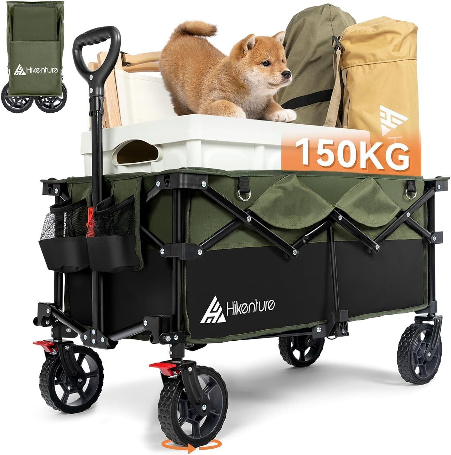 Hikentureキャリーワゴン【コンパクト自立収納·ブレーキ付】大容量135L 耐荷重150kg ワンタッチ収束型 アウトドアワゴン 静音 キャンプ カート キャンプ ワゴン キャンプ キャリー レジャー BBQ 運動会 荷物運び 引っ越し