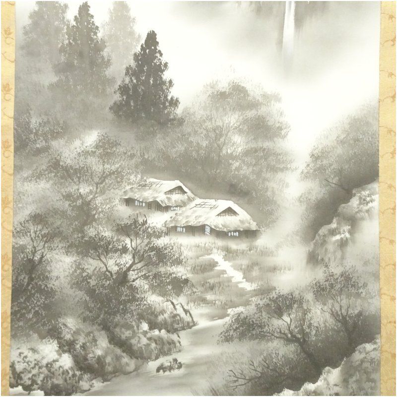 ◇ 山田白峰 『 水墨山水 』 日本画掛け軸 送料無料 掛け軸 淡彩山水