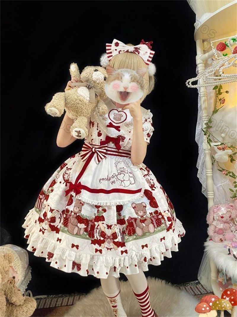 草莓ロリータプリンセスワンピース 甘ロリの可愛さ溢れるいちご＆くま柄