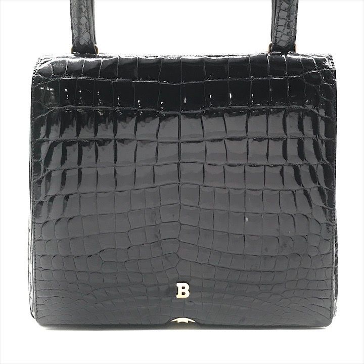 良品 BALLY バリー クロコダイル レザー レディース がま口 ハンド バッグ ブラック k3398