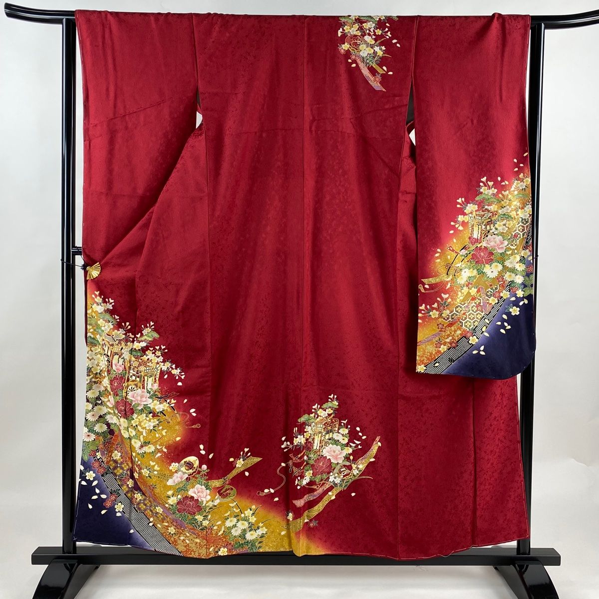 振袖 身丈157.5cm 裄丈64cm M 袷 御所車 牡丹 金糸 金彩 赤 正絹 秀品