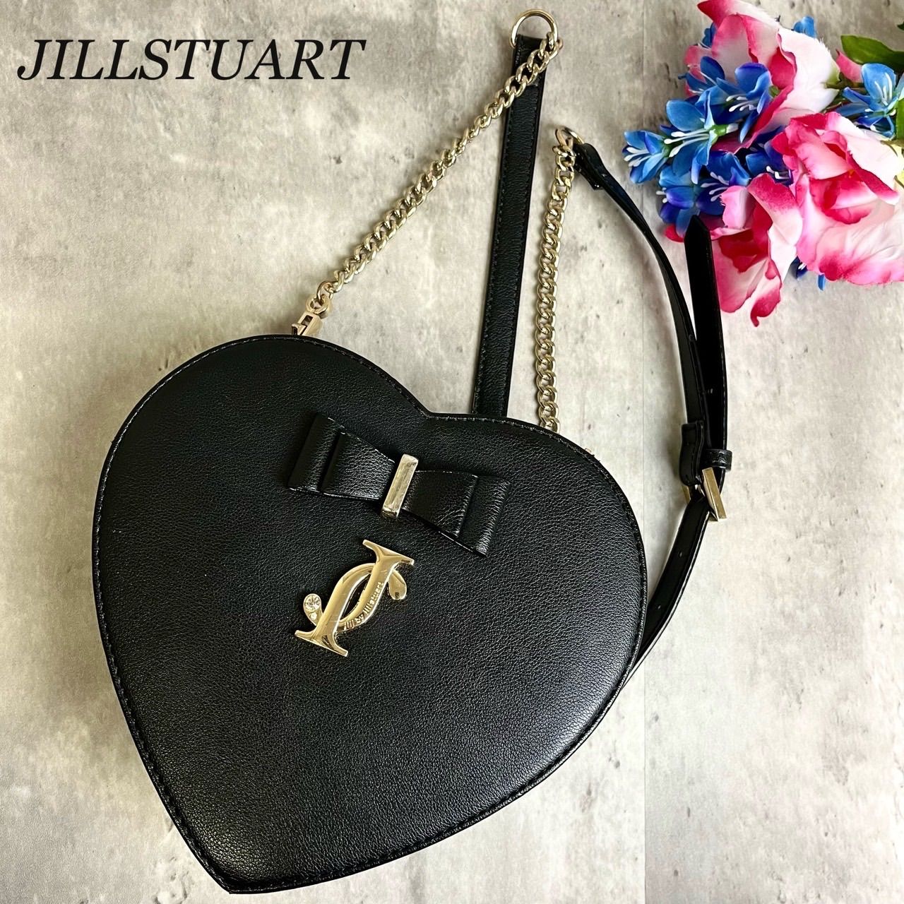 ✨美品✨ JILLSTUART ジルスチュアート ショルダーバッグ トートバッグ ハート型 リボン ゴールドチェーンゴールド金具 ロゴ刻印 肩掛け  斜め掛け レザー レディース ブラック 黒色