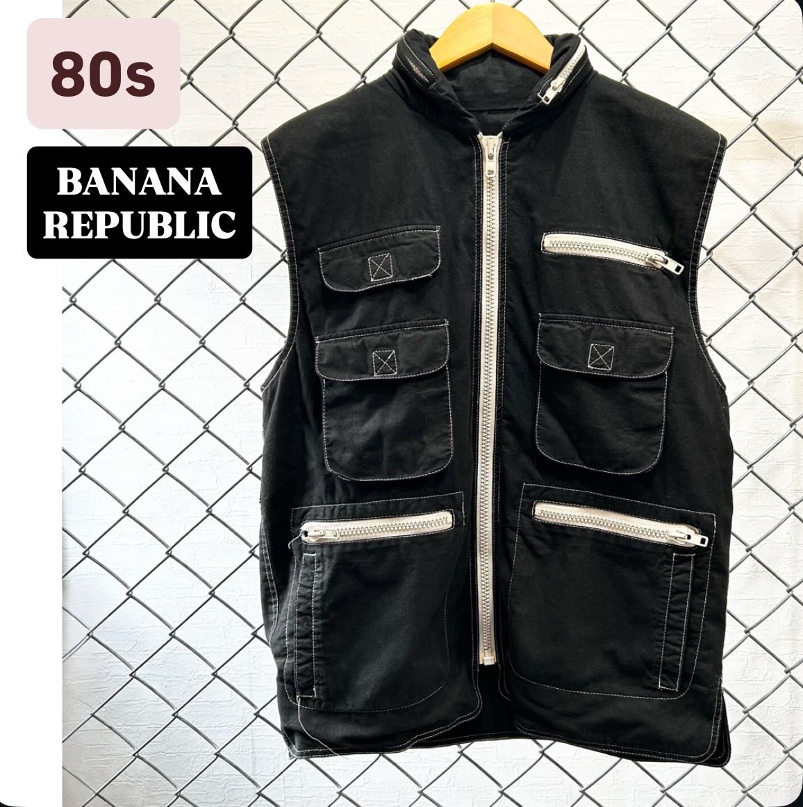 80s BANANA REPUBLIC サファリベスト ベスト 80年代 初期 初期タグ バナナリパブリック 即日発送 メンズ レディース メンズ古着 レディース古着 古着 ヴィンテージ ブラック M