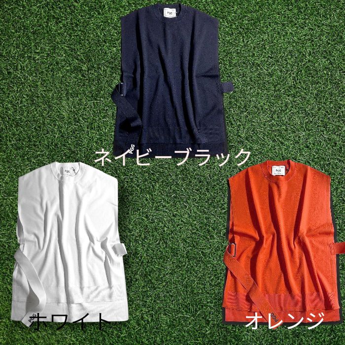 PGG by PEARLY GATES パーリーゲイツ ゴルフ ハイゲージニット サイドベルト 無地 クルーネック ノースリーブ ニットベスト カットソー ゴルフウェア 268-2273601 定価2.4万 ネイビーブラック M ▲027 50903w10