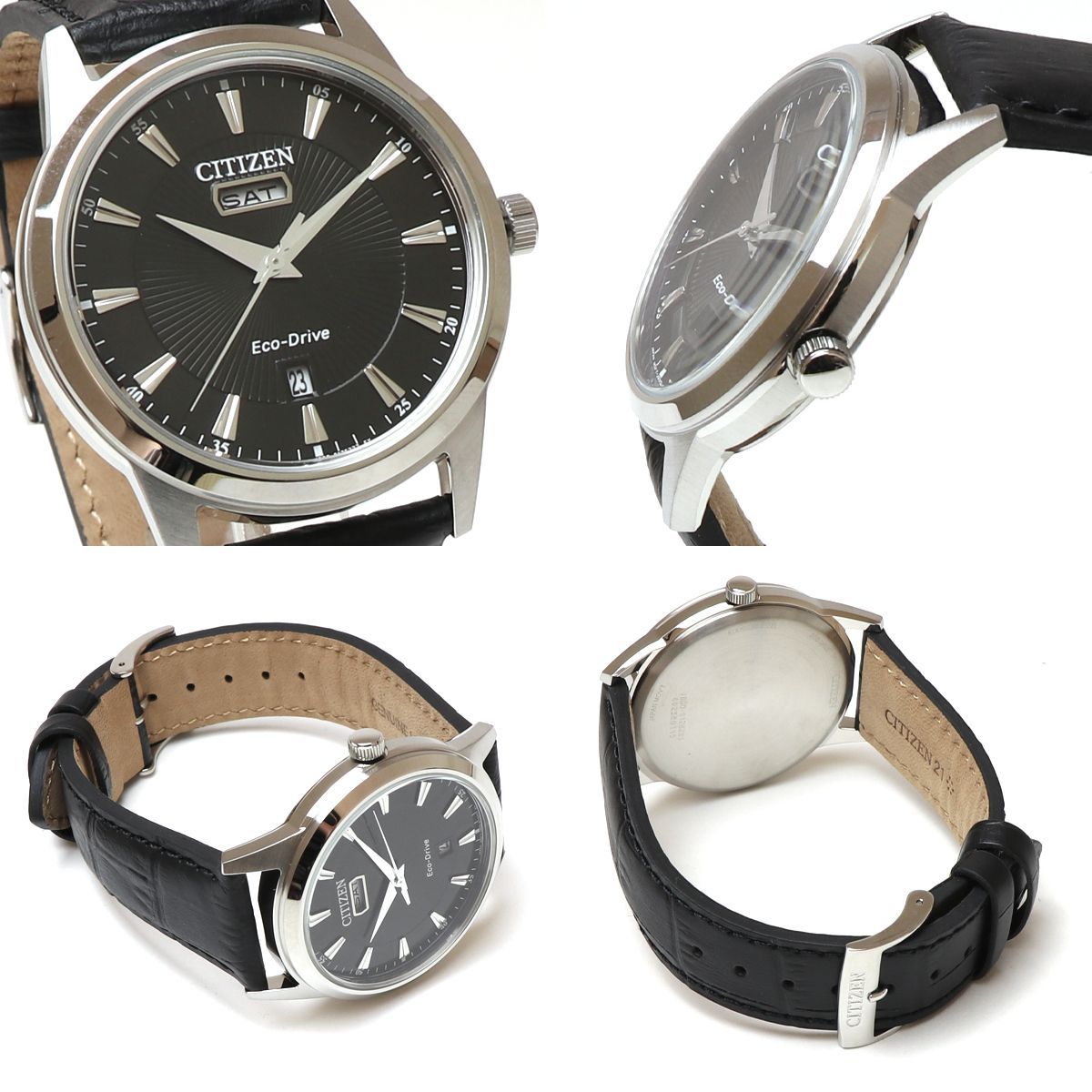 CITIZEN シチズン エコドライブ ECO-DRIVE AW0100-27E ソーラー 防水 ブラック アナログ 曜日 日付 カレンダー レザーベルト ビジネスウォッチ メンズ 男性用 腕時計 時計 JAPAN MOVEMENT 受験 中学生 高校生