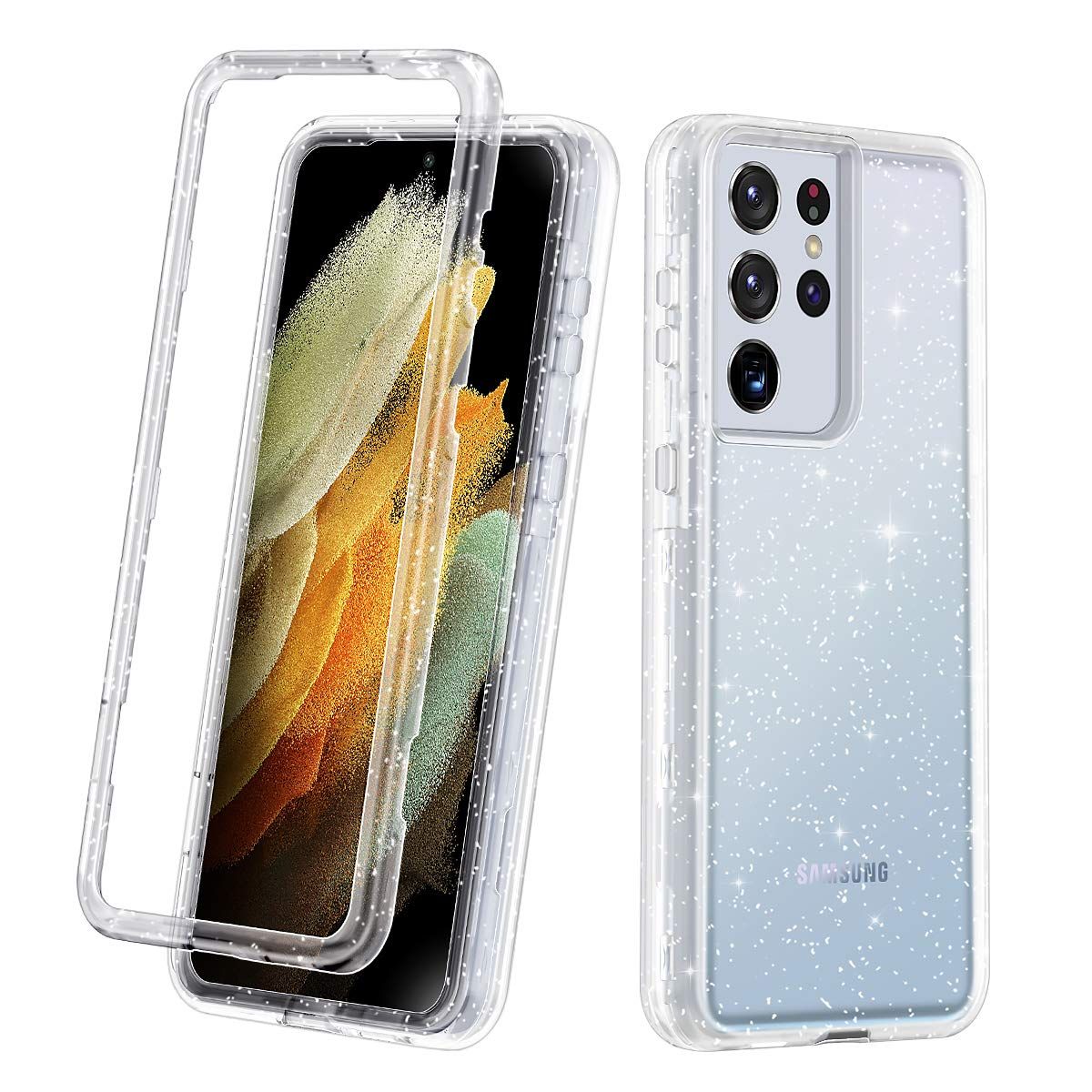 Lamcase Galaxy S21 ウルトラケース クリスタルグリッター キラキラ光る 高耐久 耐衝撃 ハイブリッド 3層保護カバーケース Samsung Galaxy S21 Ultra 5G 6.8インチ(2021)用 クリア/シルバーグリッター 