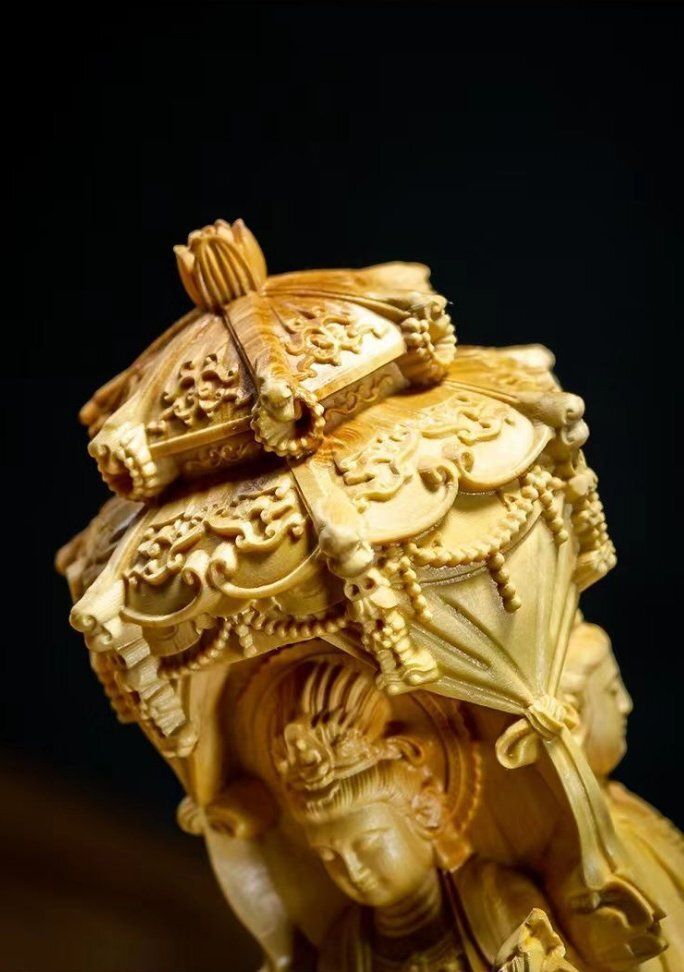 黄楊木彫 背屏蓮華 淨瓶観音仏像 置物 工芸品 【公式通販】