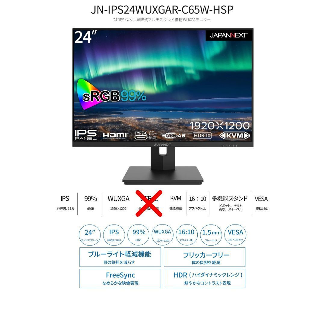 JAPANNEXT ジャパンネクスト WUXGA対応 24型液晶ディスプレイ/Type-C