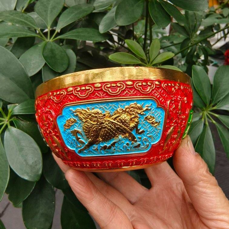 銅器 景泰藍聚宝盆 色絵麒麟聚宝盆 開運 風水 招財 置物 工芸品