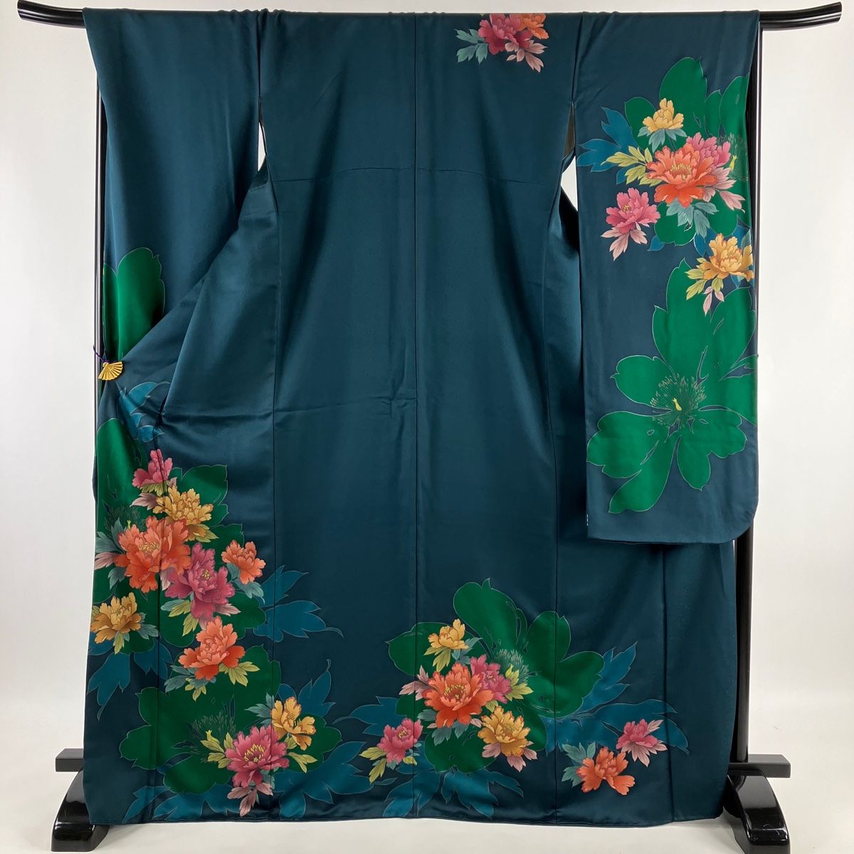 振袖 秀品 牡丹 花 深緑 袷 身丈169cm 裄丈69.5cm L 正絹 【中古