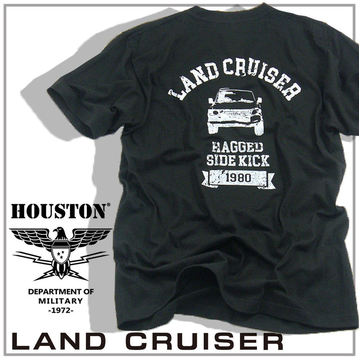 【新品】 HOUSTON × TOYOTA / ヒューストン トヨタLAND CRUISER Tシャツ ランクル POWER ランドクルーザー ブラック 黒 クルーネック 丸首 半袖 カットソー 両面プリント