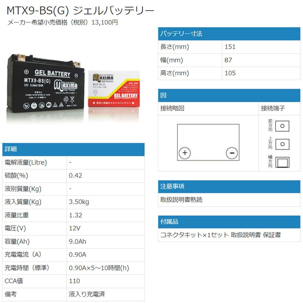 充電済み すぐ使える ジェルバッテリー 1年保証 YTX9-BS GTX9-BS FTX9