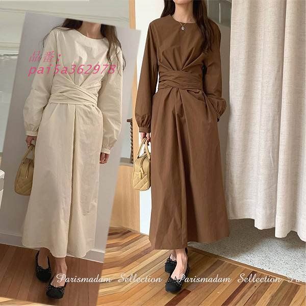 ウエストがポイント サッシュベルト風 ミモレ丈ワンピース 長袖 ひざ下丈 ロング丈通勤通学20代30代40代50代60代 pai5a362978