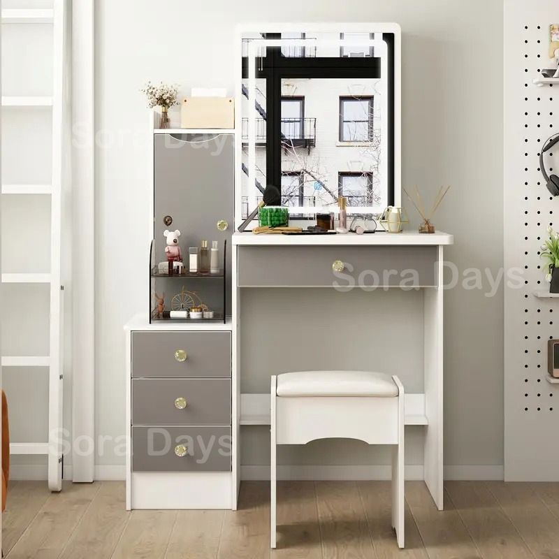 ドレッサー スツール付き 3色LEDライト 幅93cm おしゃれ かわいい シンプル プリンセス風 ナチュラル 感 インテリア 北欧 コンパクトスライドミラー 大容量収納 化粧台 ミラースタンド 木製 ホワイト 94×40×133cm