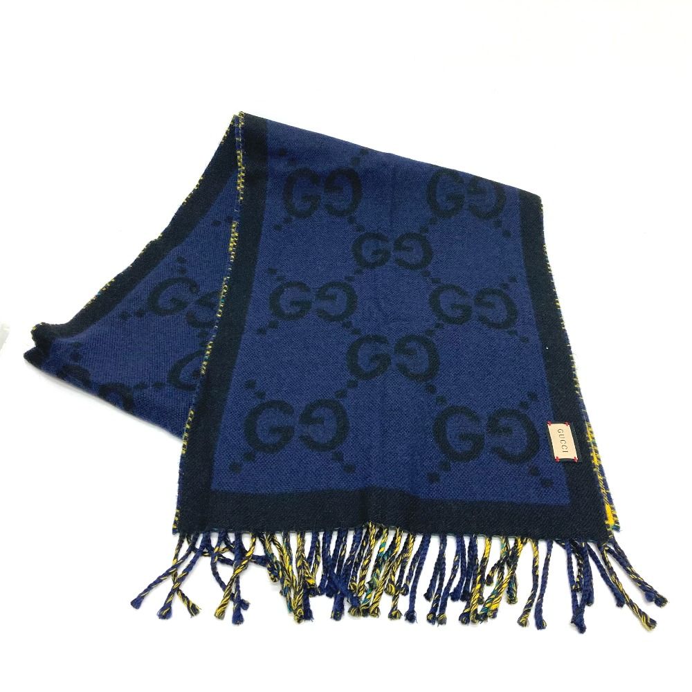 GGパターン ネイビー マフラー フリンジ付き GGパターン ネイビー マフラー フリンジ付き