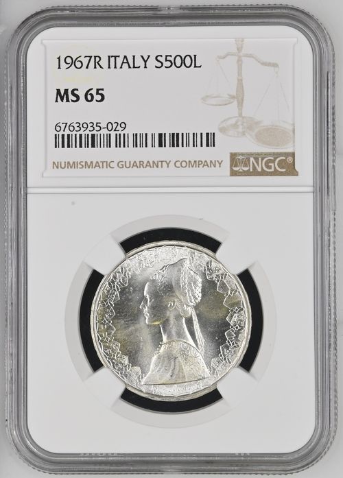 1967年 イタリア共和国 500リラ銀貨 NGC MS65