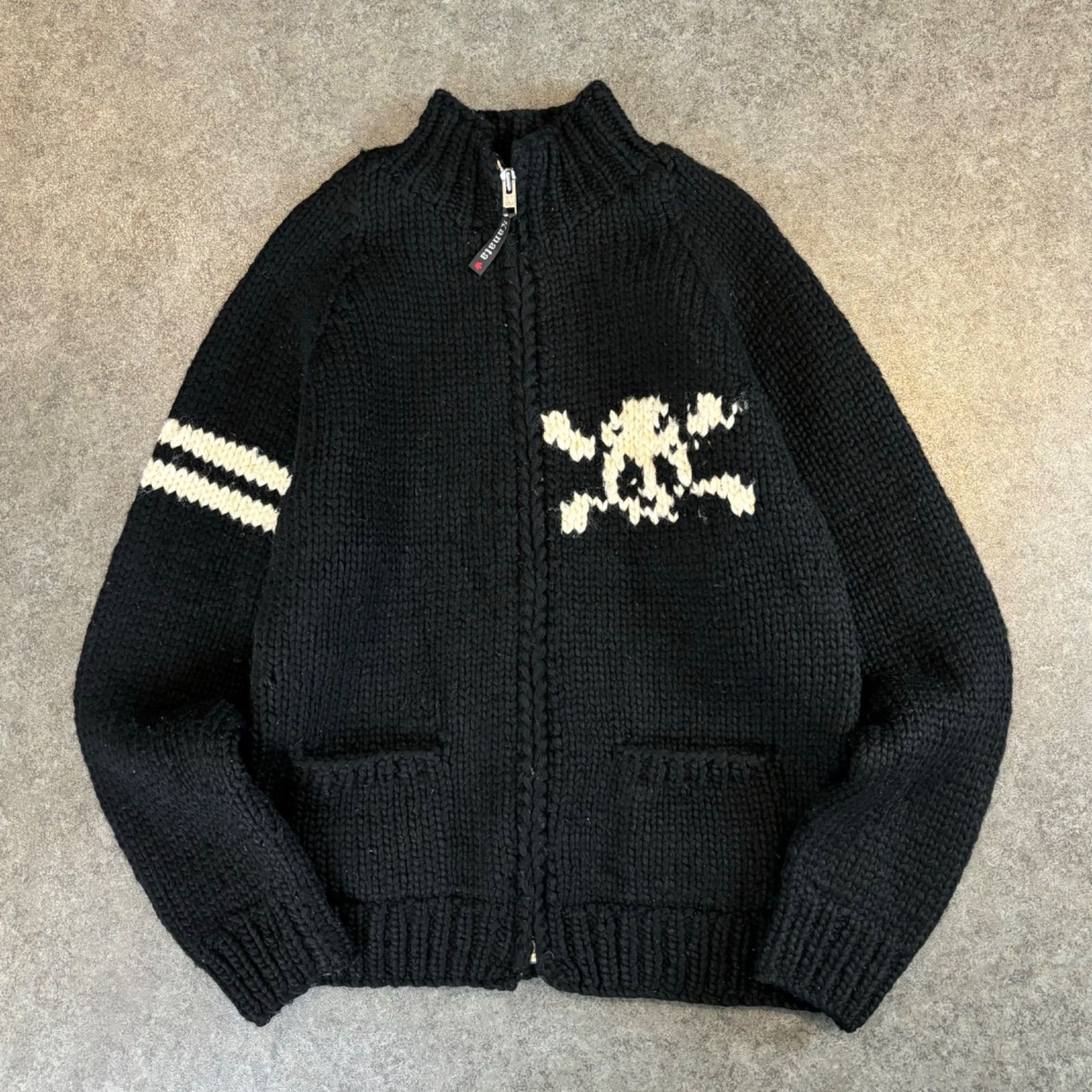 珍品 カナダ製 kanata Cowichan Handmade Knit Jacket Skull 100% wool カナタ カウチン ハンドニット ジャケット ブラック ドクロ スカル 骸骨 ウール