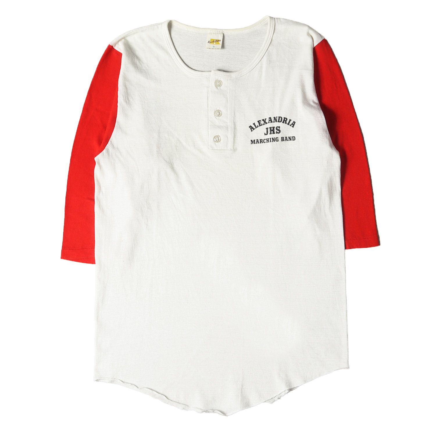 Russell ラッセル Tシャツ サイズ:M 70s 金タグ ヘンリーネック 7分袖 プリント Tシャツ ホワイト レッド 赤白 トップス  カットソー 長袖 70年代 古着 ヴィンテージ